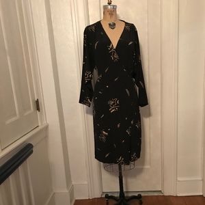 Vintage Black & Beige Printed Silk Wrap Dress